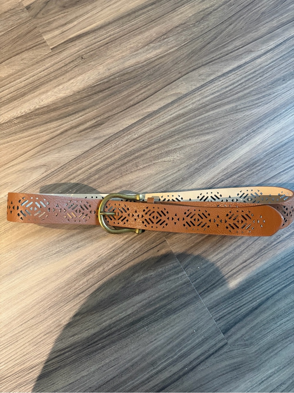 Vince Camuto Tan Laser-Cut Leather Belt with Brass Buckle
